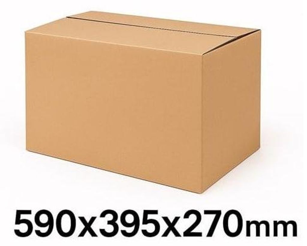 A brown cardboard box is shown against a white background. Text indicating dimensions is below the box.