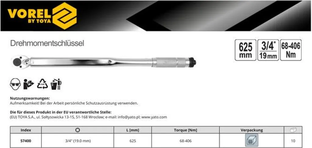 VOREL 57400 Chiave Torsiometrica Professionale 3/4 Pollici 406 Nm