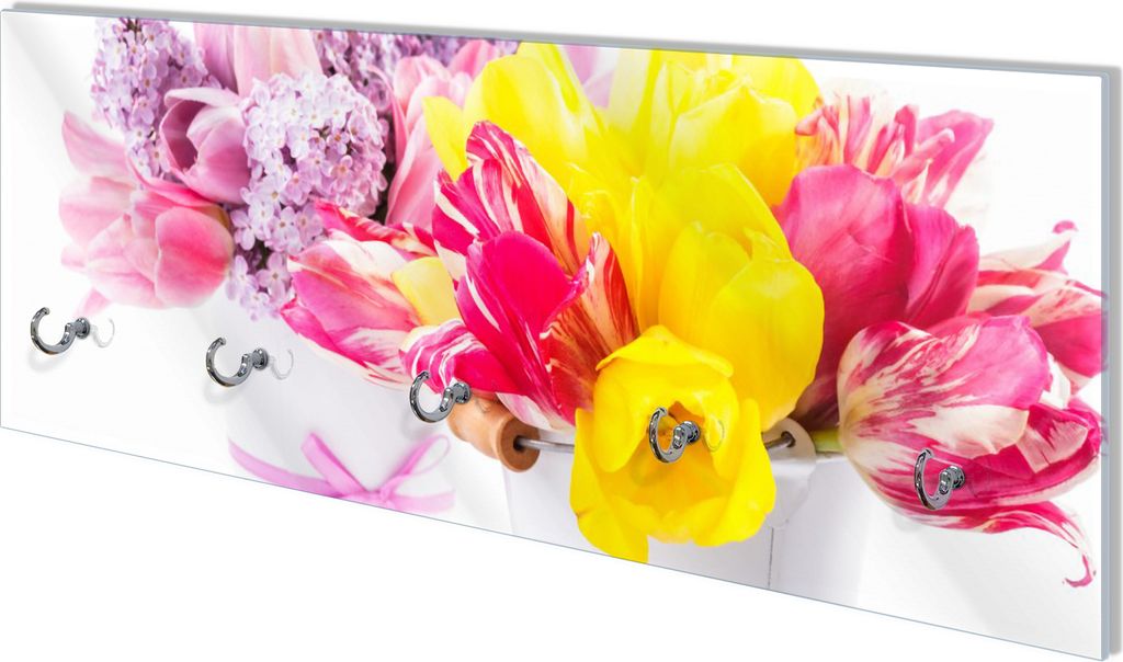 Wallario Flurgarderobe Wandgarderobe aus Glas, mit 5 Haken, Größe 80 x 30 cm, Motiv Zwei Blumen-Bouquets aus gelben und roten Tulpen und Flieder