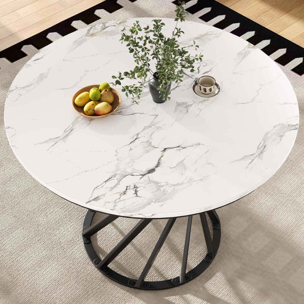 Runder Tisch 80x80x76cm - 4 Sitzplätze, marmorierte MDF-Platte, schwarze Metallbeine, Ess-/Wohnzimmer