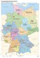 Politische Deutschlandkarte (Verwaltungskarte Deutschland, Basisversion), Poster, 70 x100 cm, Bundesländer, Landkreise und Regierungsbezirke, Autobahn