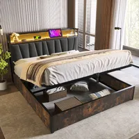 Metallbett 180x200cm mit LED-Beleuchtung, USB-Ladefunktion & App-Steuerung, Doppelbett mit Kopfteil und Stauraum, Grau (ohne Matratze)