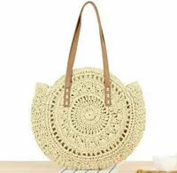 Letní slaměná taška Beach Bag Round Woven raffia Shoulder Bag Ladies Beige