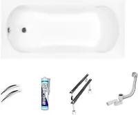 ECOLAM Badewanne Rechteck Acryl AR-Besco weiß 160x70 cm + 2 Handgriffe + Ablaufgarnitur Ab- und Überlauf Automatik Füße Silikon