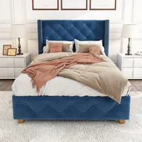 Okwish čalouněná postel, jednolůžko 90×200 cm s laťkovým roštem a čelem, knoflíkové čalounění, hřebíčková čalounění, samet, modrá, bez matrace