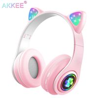 Bluetooth Kopfhörer Kinder, Faltbare Mädchen Kopfhörer Over Ear, Kabellos Kinderkopfhörer mit LED-licht Katzenohren und Mikrofon für Schule/Tablet/Handy/PC (Pink)