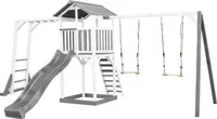 AXI Beach Tower Spielturm aus Holz in Weiß & Grau | Spielhaus für Kinder mit grauer Rutsche, Klettergerüst, Doppelschaukel und Sandkasten |