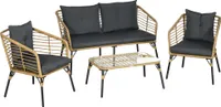 Outsunny 4 tlg. Gartenmöbel-Set, Rattan Sitzgarnitur mit Kissen, Sitzgruppe mit 3 Sesseln, 1 Couchtisch, Balkonmöbel im Boho-Stil für 4 Personen, Sand+Dunkelgrau