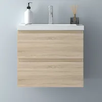 60 cm Badmöbel Set Unterschrank Badezimmer Badezimmermöbel 2 Schubladen Eiche Matt soft close Selbstmontierter Unterschrank mit Weiß Mineralguss waschtisch