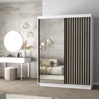 Schwebetürenschrank Kleiderschrank Schrank 150cm Weiß/Schwarz mit Spiegel und Lamellen LAMI C