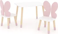 DEKORMANDA – Kindertisch mit Stühlen – Möbel für ein Kinderzimmer – Stühle in Form von Schmetterlingsflügeln für kleine Tierliebhaber – weißer Kindertisch 65 x 50 cm mit 2 Stühlen – ein Set aus Tisch und zwei Stühlen für Kinder, perfekt zum Lernen und spielen