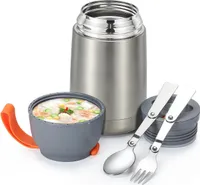Thermobehälter, Thermobehälter für Essen aus Edelstahl, Warmhaltebehälter, Isolierbehälter, Thermoskanne mit Löffel, Speisebehälter, Silber