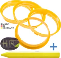 4X Zentrierringe 72,5 x 71,6 mm Gelb Felgen Ringe + 1x Reifen Kreide Fett Stift