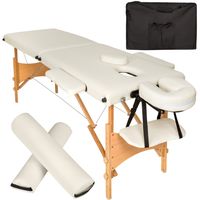 tectake 2-zónový masážny stôl Freddi s 5 cm polstrovaním, kolieskami a dreveným rámom - béžový