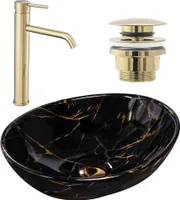 Rea Set von Aufsatzwaschbecken Sofia Marble Black + Waschbeckenarmatur Lungo Gold + Stöpsel Gold