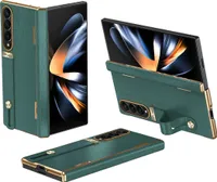kožené pouzdro na Samsung Galaxy Z Fold 3 5G s poutkem na ruku, stojánkem a ochranou pantu zelené