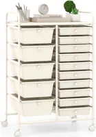 Vozík COSTWAY s 15 stohovateľnými zásuvkami, kovovým rámom a policou, kúpeľňový vozík 63x37x87 cm biely