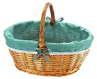 Kobolo Einkaufskorb geflochten Weide -mit Textil ausgeschlagen- grün weiß kariert - 45x34x20 cm - Autokorb Geschenkkorb Picknickkorb Korb Aufbewahrung