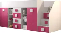 Etagenbett für Kinder Toledo 3 Stockbett mit Treppe, Schreibtisch, Bettkasten (Weiß/Weiß Glanz + Rosa Glanz, Seite: Rechts)