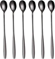 Latte Macchiato Löffel Set, 6-teilig, 19 cm - Lange Löffel für Cocktails & Desserts, Edelstahl poliert, spülmaschinengeeignet (Schwarz)
