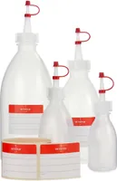 4x Plastikflaschen 50, 100, 250, 500 ml aus LDPE, natur, Tropfverschluss, rotes Halteband und Käppchen