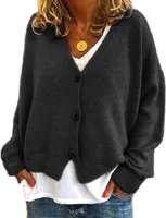 ASKSA Damen Strickpulli Lose Lässige Strickjacken V-Ausschnitt Einfarbig Knopf Strickjacke Pullover, Schwarz, L
