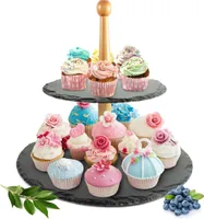 Etagere 2 Stöckig Ø30cm aus Schiefer Kuchenplatte Kuchenständer Servierständer