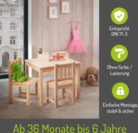 BOMI® Baby Möbel Set 2 Stühle und Tisch Amy aus Kiefer Massiv Holz für Kleinkinder ab 24 Monate bis 10 Jahre Naturbelassen