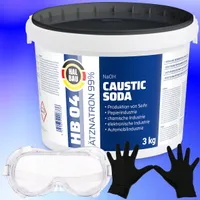 Ätzsoda Rohrreiniger 3kg Eimer Abflussfrei kaustisches Soda Natronlauge + Schutzbrille + Nitrillhandschuhe Arbeitskomfort Set HB04