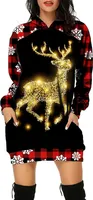 ASKSA Damen Rentier Print Kapuzenpullover Winter Langarm Hoodie Pullover Kleid Pulli Weihnachtskleid, H-Schwarz, M