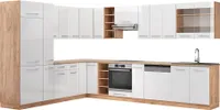 Vicco Eckküche Fame-Line, 257 x 347 cm ohne Arbeitsplatte, Weiß Hochglanz/Goldkraft Eiche