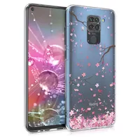 kwmobile Case kompatibel mit Xiaomi Redmi Note 9 - Hülle Silikon transparent Kirschblütenblätter Rosa Dunkelbraun Transparent
