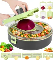 Gemüseschneider, 12-in-1 Gemüsehobel mit 8 Austauschbare Klingen, Zwiebelschneider, Gurkenhobel, manueller Mandolinenschneider, Grün