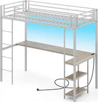 COSTWAY loft łóżko piętrowe 90x200cm z biurkiem, diodami LED, stacją ładującą, 2 półkami, barierką i drabinką, łóżko piętrowe dla dzieci metalowe srebrne