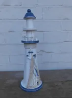 Leuchtturm Statue maritime Deko Holz Anker Fisch Netz blau-weiss 35