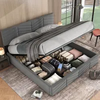 MODFU Polsterbett Boxspringbett 160×200 cm mit höhenverstellbarem Kopfteil und Bettkasten, Doppelbett Holzbett Samt, Grau(Ohne Matratze)