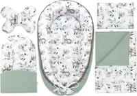 Pepi Babynest Kokon 5 teiliges Babynestchen Set für Babys Neugeborene 100% Baumwolle Kuschelnest-Set mit Krabbeldecke Kissen Green Groove