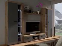 Wohnzimmer – Set Schrankwand Medienwand RUMBA XL lefkas eiche / graphit Wohnwand - zwei Vitrinen / TV-Lowboard / Wandregal