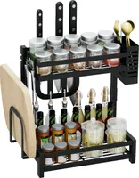 Heikoeco®Gewürzregal,küchenregal stehend,küchenregal arbeitsplatte, küchenregal klein,küche organizer,2 Ebene,mit Messerhalter & Haken,32.5x20x40 cm