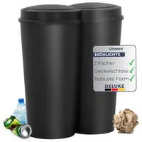 DELUKE® Doppel Mülleimer 2 Fächer Küche - 2x25L Trenneimer, Mit Druckknopf | Abfalleimer mit Deckel Büro Doppel-Müllbehälter Kücheneimer 50L, Schwarz