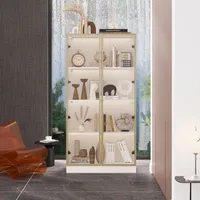 Vitrinenschrank mit Glastüren und Beleuchtung, Glasvitrine Stehend mit 4-stufigen Einlegeböden, Pop-up Design,Vitrine mit Glastüren Weiß