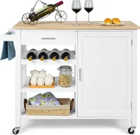 Küchenwagen auf Rollen, Küchenschrank mit Arbeitsplatte, bewegliche Kücheninsel, Servierwagen Rollwagen Holz, Küchenrollwagen Küchenregal mit Handtuchhalter & Weinregal (Weiß)