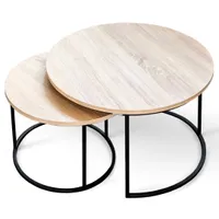 holz4home® Couchtisch 2er-Set MDF Sonoma Eiche I Runder Beistelltisch im Industrial Style I Metallrahmen Pulverbeschichtet I Wohnzimmertisch Kombi