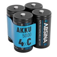 ABSINA 4x Batterien C Baby LR 14 wiederaufladbar 5000 mit geringer Selbstentladung - C Batterien Akku NiMH mit min. 4500mAh & 1,2V