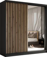 200 cm Kleiderschrank Erika mit Lamellen und Spiegel inklusive 2 Schiebetüren Schwebetürenschrank (Farbe: schwarz, Artisan, Lamelle schwarz)