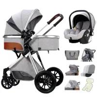 Kombinovaný kočík 3 v 1 Kočík Royal Luxury Leather Aluminium Frame High Landscape Skladací kočík Kočík s darčekmi Kočík, svetlo šedá