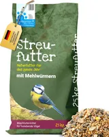 Futterbauer Streufutter schalenlos mit Mehlwürmern 25 kg, getrocknet, Ganzjahres-Vogelfutter ohne Schalen, mit proteinreichen Mehlwürmern für Wildvögel