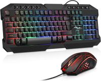 Gaming Tastatur und Maus Set, LED Hintergrundbeleuchtung QWERTZ DE Layout, Regenbogen Farben Beleuchtete USB Wasserdicht Tastatur und Maus mit 3600 DP