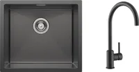 CECIPA Handgefertigte Unterbau-Küchenspüle aus Edelstahl, 50 x 44 cm, Schwarz, Sternenschwarz + Hochdruck-Küchenarmatur, Schwarz