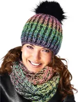 Damen Set für Winter Warme Strickmütze, Wintermütze & Loop mit großer Kunstfell Bommel, Gefütterte Warme Weiche Strickset Beanie mit Schlauchschal